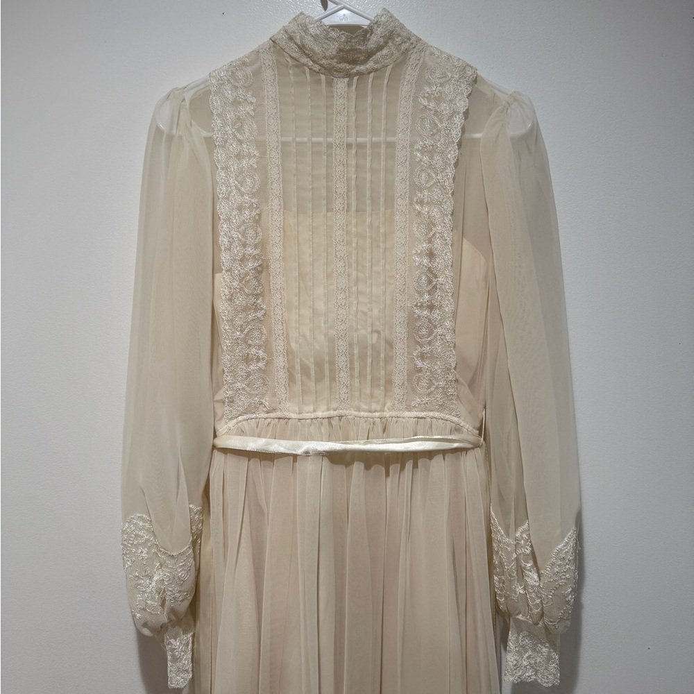 VTG Neiman Marcus Lace Chiffon Midi Maxi Dress XS Ivory Cream High‎ Neck Bridal - Picture 2 of 16